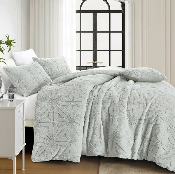 4 Piece Grey Solid Floral Faux Fur Soft Plush Comforter Set