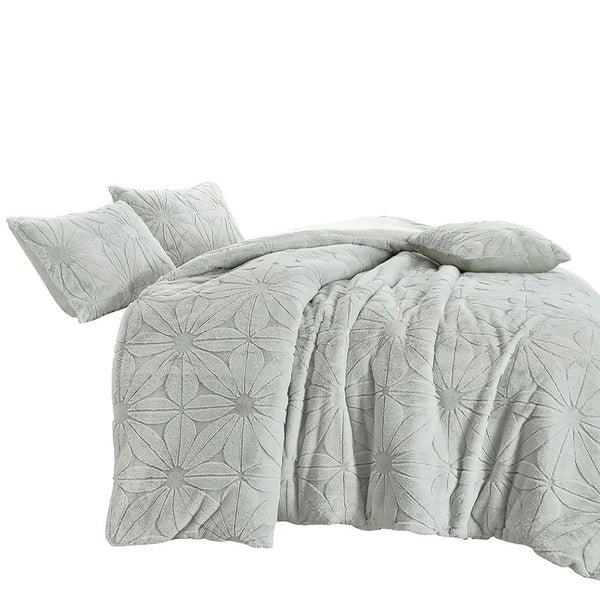 4 Piece Grey Solid Floral Faux Fur Soft Plush Comforter Set