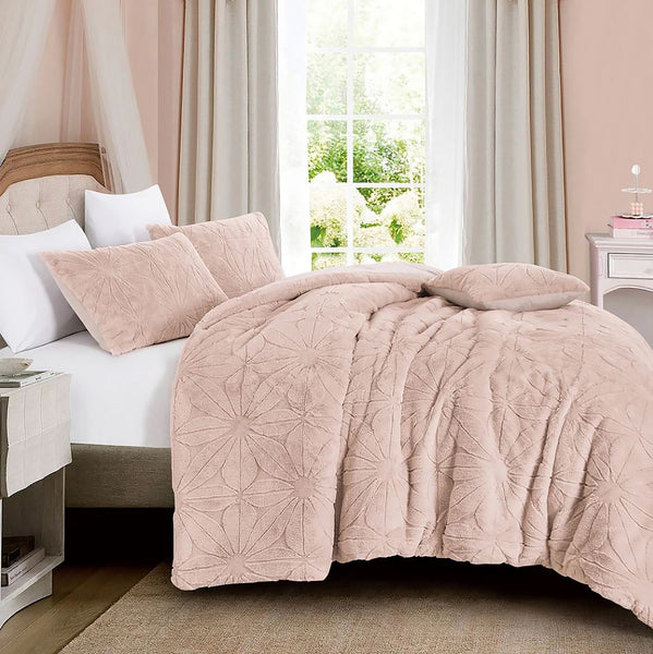 4 Piece Pink Solid Floral Faux Fur Soft Plush Comforter Set