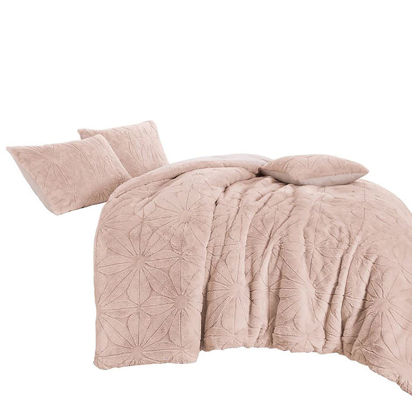 4 Piece Pink Solid Floral Faux Fur Soft Plush Comforter Set