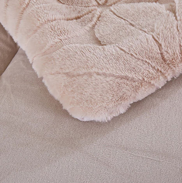 4 Piece Pink Solid Floral Faux Fur Soft Plush Comforter Set