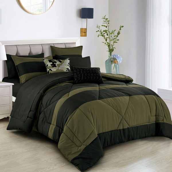 Green Black Geometric Modern 9 Piece Bed-in-a-bag Comforter Set