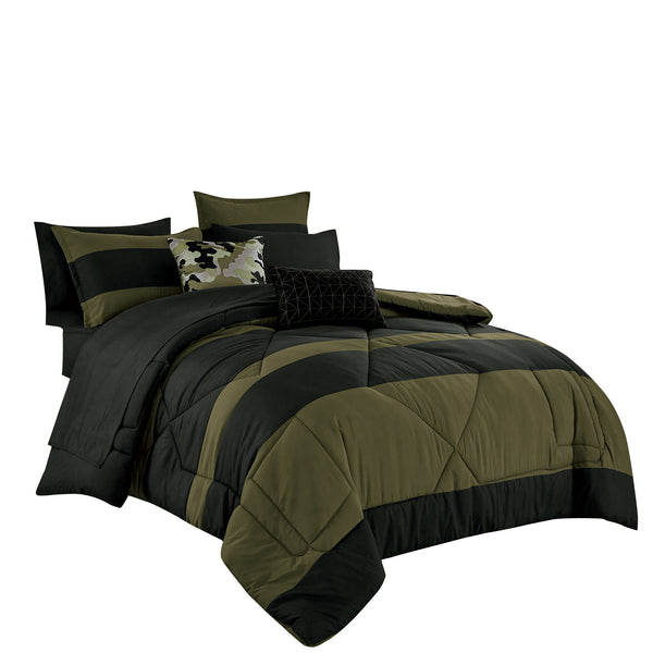 Green Black Geometric Modern 9 Piece Bed-in-a-bag Comforter Set