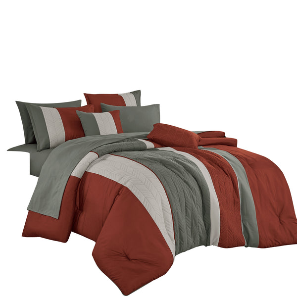 Rust and Grey Striped Geometric Modern 9 Piece Bed-in-a-bag Comforter Set