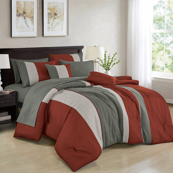 Rust and Grey Striped Geometric Modern 9 Piece Bed-in-a-bag Comforter Set