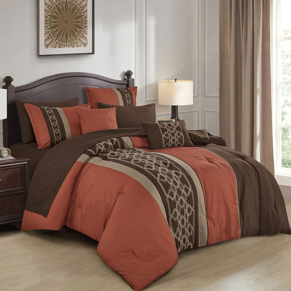 Rust Brown Geometric Modern 9 Piece Bed-in-a-bag Comforter Set