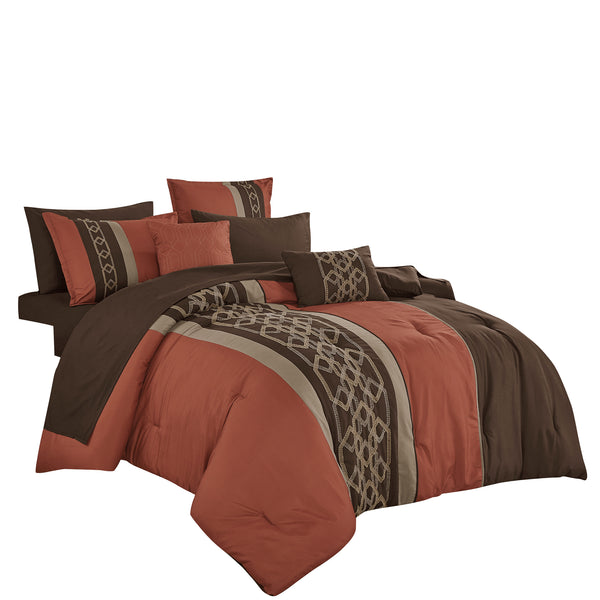 Rust Brown Geometric Modern 9 Piece Bed-in-a-bag Comforter Set