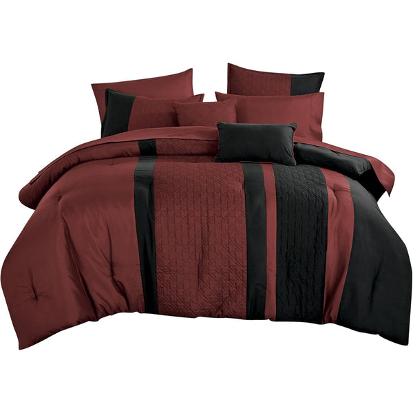 Burgundy Black Striped Geometric Modern 9 Piece Bed-in-a-bag Comforter Set