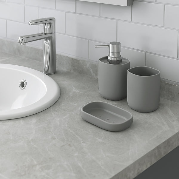 Grey Bathroom Accessories Set - Soap Dispenser, Soap Dish & Tumbler