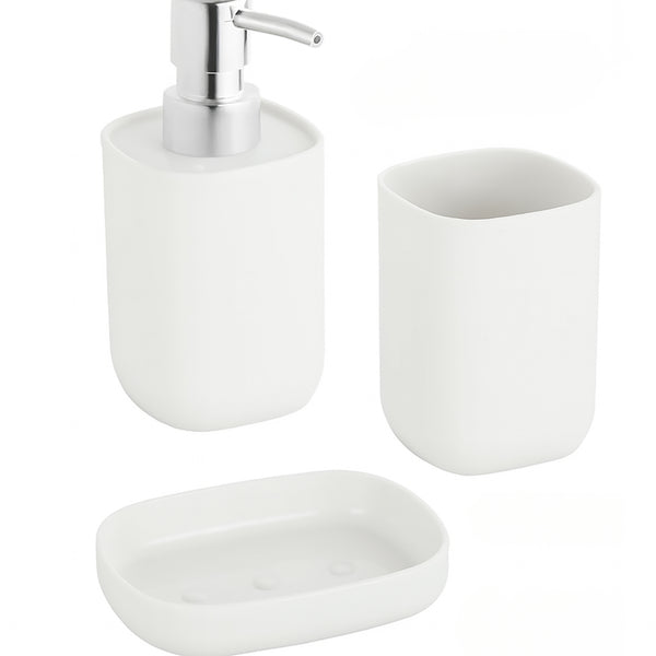 White Bathroom Accessories Set - Soap Dispenser, Soap Dish & Tumbler