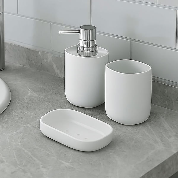 White Bathroom Accessories Set - Soap Dispenser, Soap Dish & Tumbler