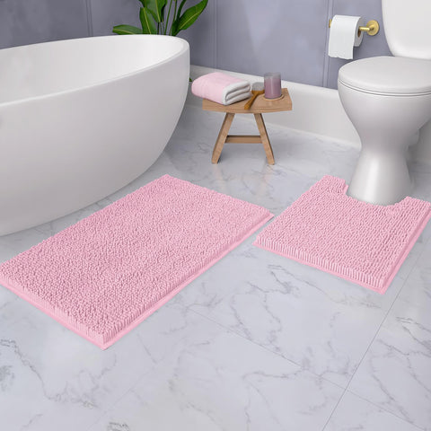 2 Piece Set Pink Soft Cozy Plush Chenille Bath Mat Bathroom Rug