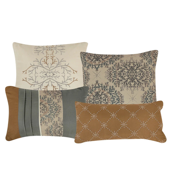 7 Piece Brown Grey Modern Striped Floral Bedding Comforter Set