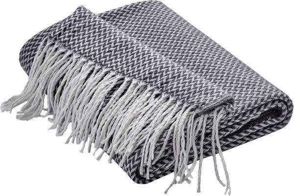 White Grey Geometric Soft Woven Knitted Cozy Lightweight Throw Blanket with Fringe Tassels - 50"x60"