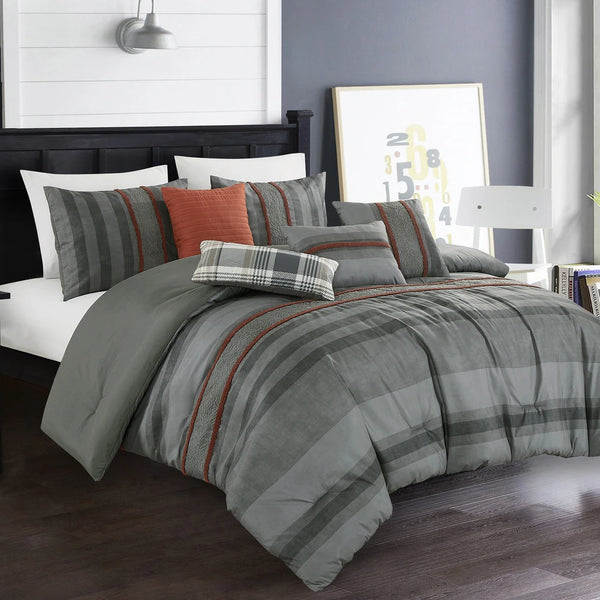 7 Piece Grey Orange Modern Striped Bedding Comforter Set