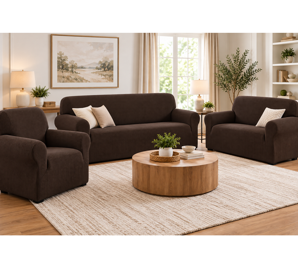 Chocolate Brown 3-Piece Set 4-Way Stretch Slipcover Sofa Loveseat & Armchair Cover Protector