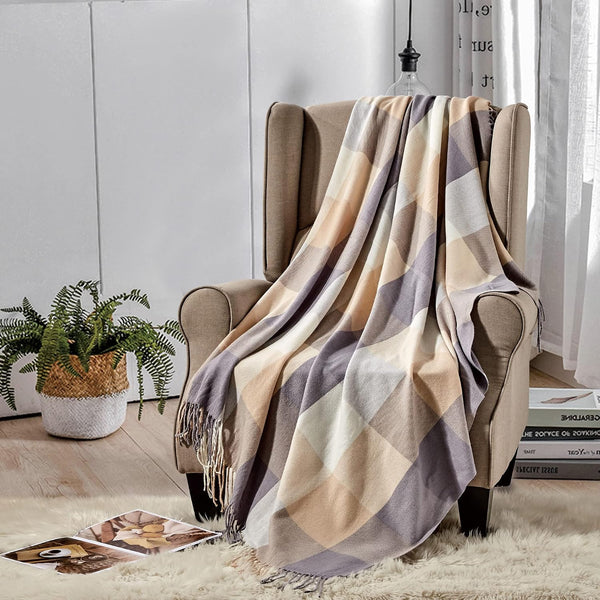 Plaid Woven Beige Cream and Grey Checkered Soft Cozy Throw Blanket with Fringe Tassels – 50"x60"