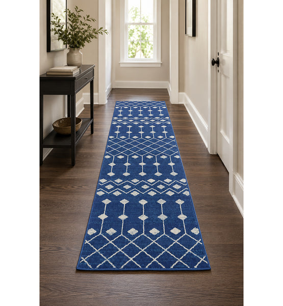 Blue & Ivory Modern Boho Geometric Hallway Runner Rug - 2'3" x 12'