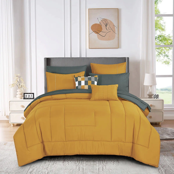 Orange Grey Solid Geometric Modern 9 Piece Bed-in-a-bag Comforter Set