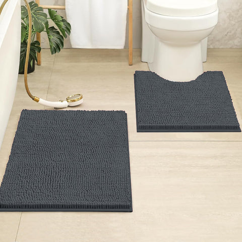 2 Piece Set Charcoal Grey Soft Cozy Plush Chenille Bath Mat Bathroom Rug