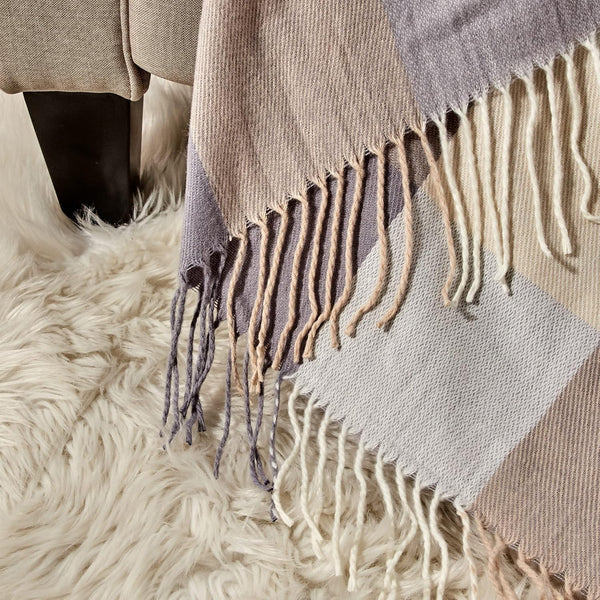 Plaid Woven Beige Cream and Grey Checkered Soft Cozy Throw Blanket with Fringe Tassels – 50"x60"