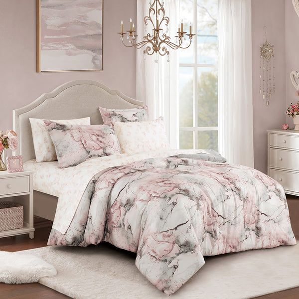 7 Piece Pink Grey Abstract Modern Comforter Set Soft Bedding