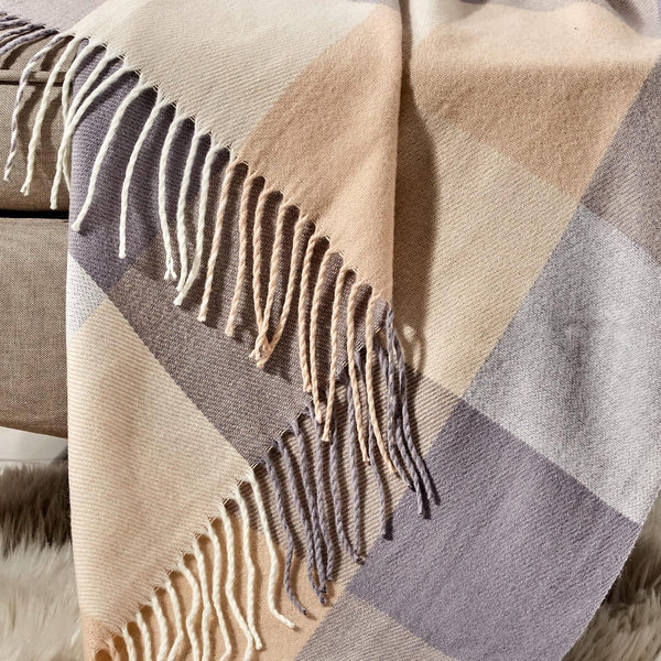 Plaid Woven Beige Cream and Grey Checkered Soft Cozy Throw Blanket with Fringe Tassels – 50"x60"