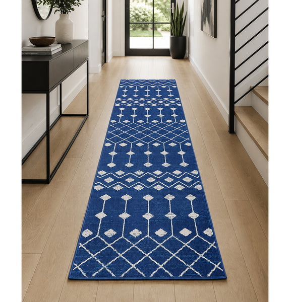 Blue & Ivory Modern Boho Geometric Hallway Runner Rug - 2'3" x 12'