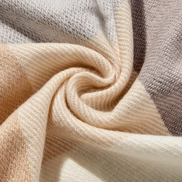 Plaid Woven Beige Cream and Grey Checkered Soft Cozy Throw Blanket with Fringe Tassels – 50"x60"