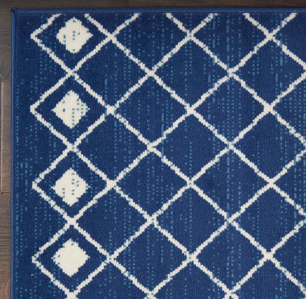 Blue & Ivory Modern Boho Geometric Hallway Runner Rug - 2'3" x 12'
