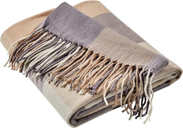 Plaid Woven Beige Cream and Grey Checkered Soft Cozy Throw Blanket with Fringe Tassels – 50"x60"
