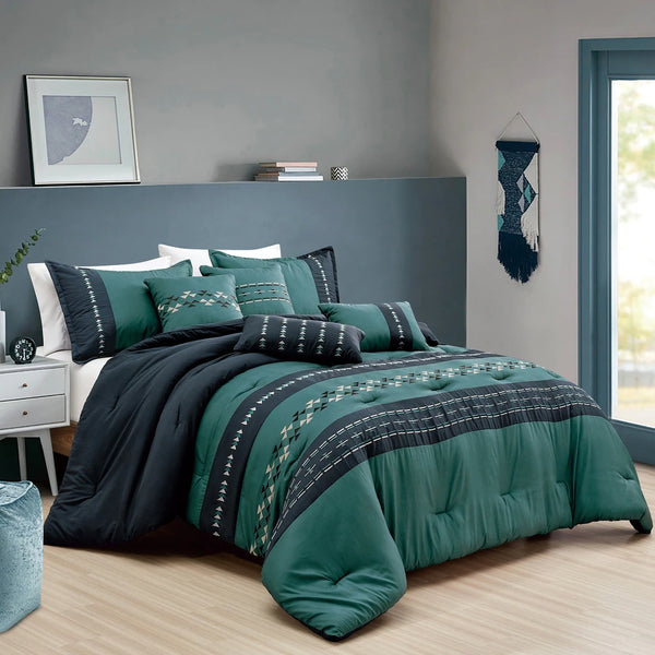 7 Piece Navy Teal Modern Striped Geometric Bedding Comforter Set