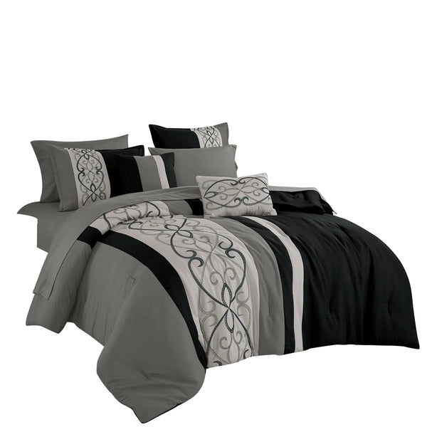 Grey Black Striped Geometric Modern 9 Piece Bed-in-a-bag Comforter Set