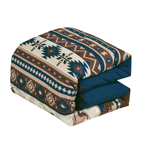7 Piece Blue Brown Southwestern Cowboys Cabin Comforter Set Embroidery Soft Bedding
