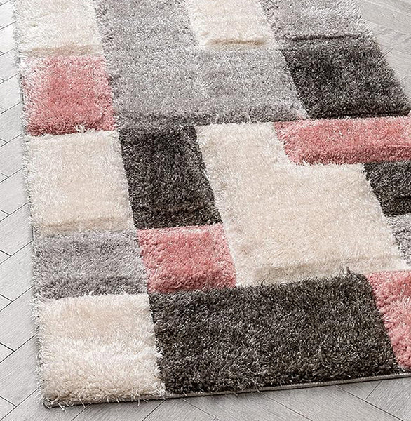 3D Textured Soft Modern Pink Gray Charcoal Cream Geometric Shag Runner Rug - 2'7" x 9'10"