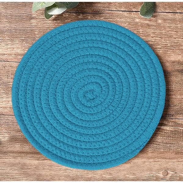 3 Piece Set - Blue Extra Thick Woven Trivet Round Placemats Natural Cotton Hot Potholder Mat Heat Resistant