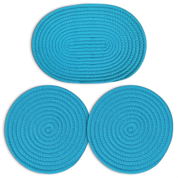 3 Piece Set - Blue Extra Thick Woven Trivet Round Placemats Natural Cotton Hot Potholder Mat Heat Resistant