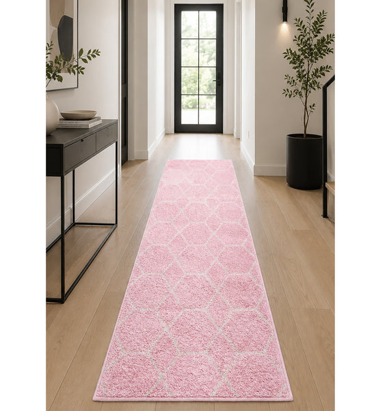 Pink Ivory Modern Geometric Distressed Runner Rug – 2' x 10'