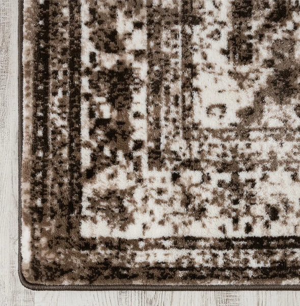 Vintage Inspired Distressed Traditional Medallion Pattern Brown & Beige Runner Rug - 3'3" x 16'