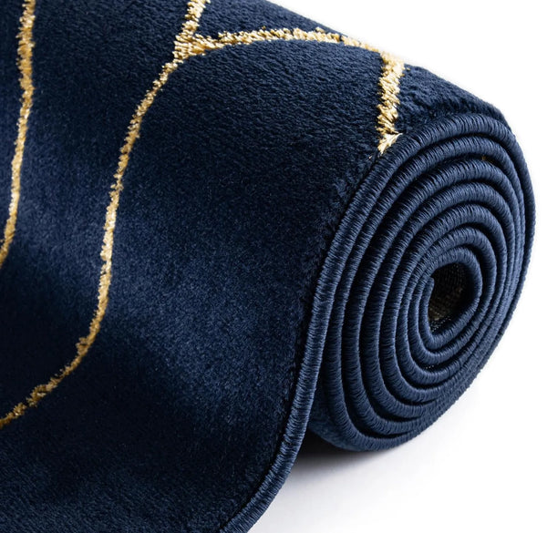 Navy Blue & Gold Geometric Modern Indoor Hallway Entryway & Kitchen Runner Rug - 2'7" x 12'