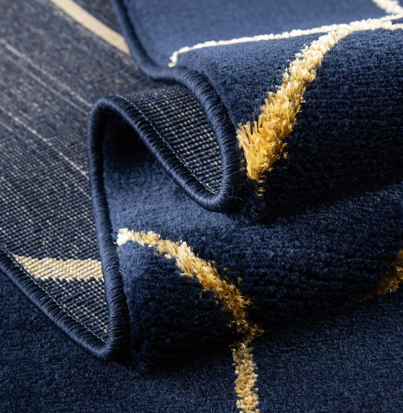 Navy Blue & Gold Geometric Modern Indoor Hallway Entryway & Kitchen Runner Rug - 2'7" x 12'