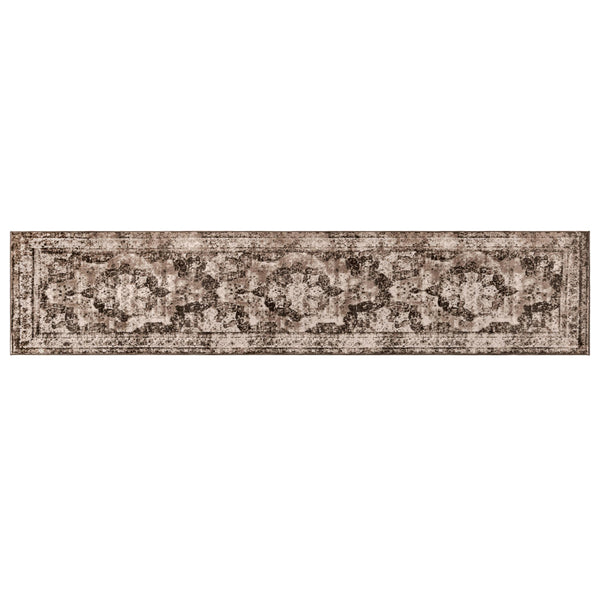 Vintage Inspired Distressed Traditional Medallion Pattern Brown & Beige Runner Rug - 3'3" x 16'