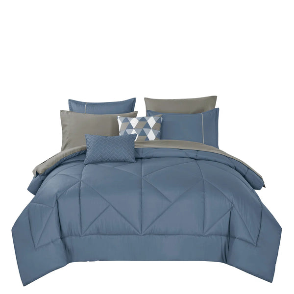 Blue Grey Solid Geometric Modern 9 Piece Bed-in-a-bag Comforter Set