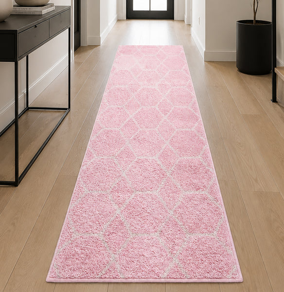 Pink Ivory Modern Geometric Distressed Runner Rug – 2' x 10'