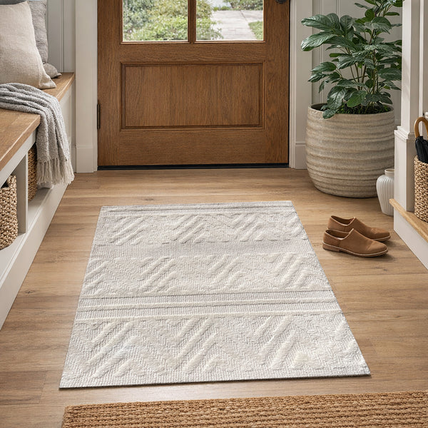 2x3 Ivory Light Cream Waves Geometric Abstract Soft Pile Boho Minimal Door Mat Area Rug