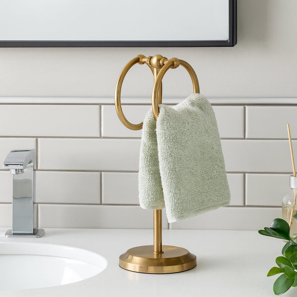 Aged Brass Gold Stainless Steel Double Ring Fingertip Towel Holder With Heavy Base