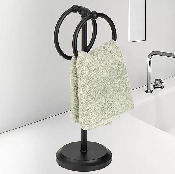 Matte Black Stainless Steel Double Ring Fingertip Towel Holder With Heavy Base