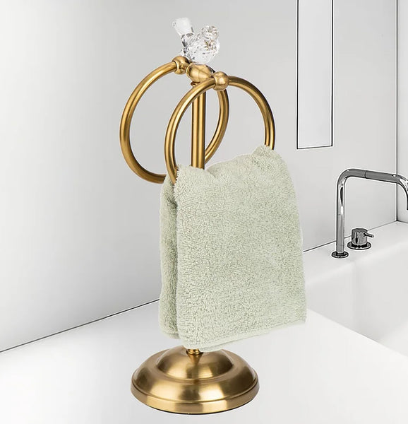 Aged Brass Gold Stainless Steel Dove Double Ring Fingertip Towel Holder With Heavy Base