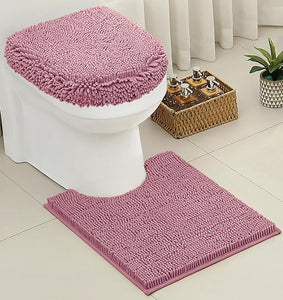 2 Piece Set Mauve Soft Cozy Plush Chenille Bath Mat Bathroom Rug & Toilet Seat Cover