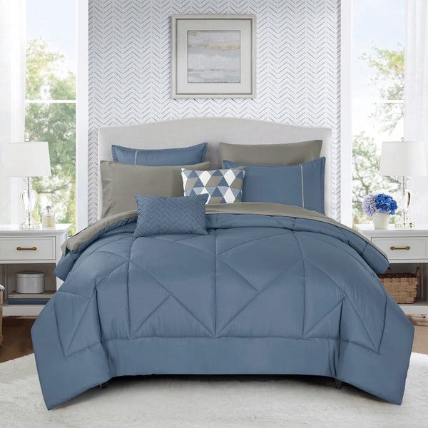 Blue Grey Solid Geometric Modern 9 Piece Bed-in-a-bag Comforter Set